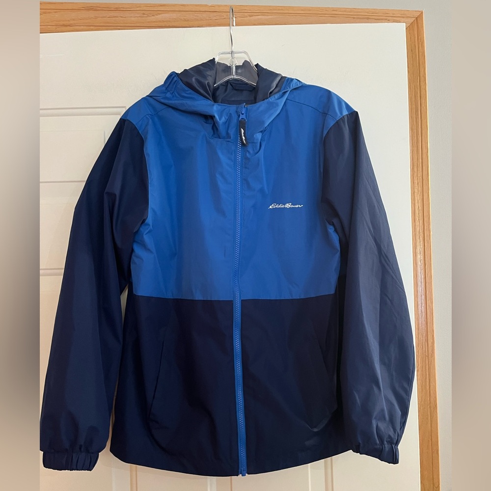 Eddie Bauer kids blue on blue windbreaker with hood. Size 14-16
